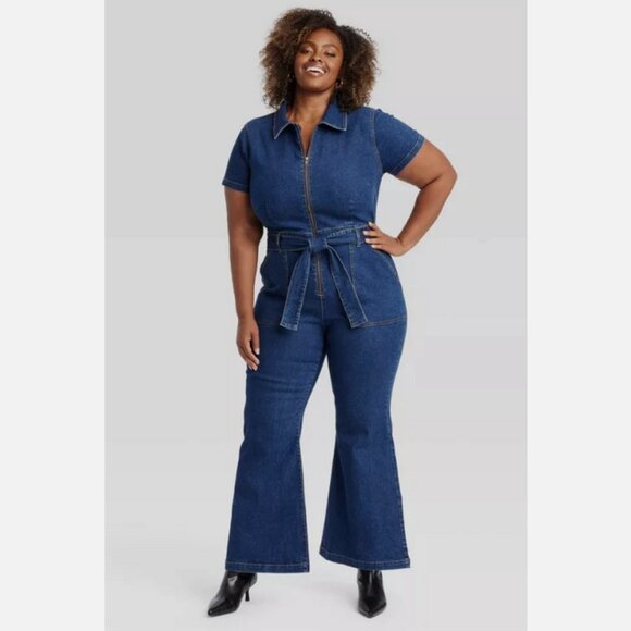 Women's Short Sleeve Denim Jumpsuit - Ava & Viv Dark Wash 22 - Picture 3 of 9